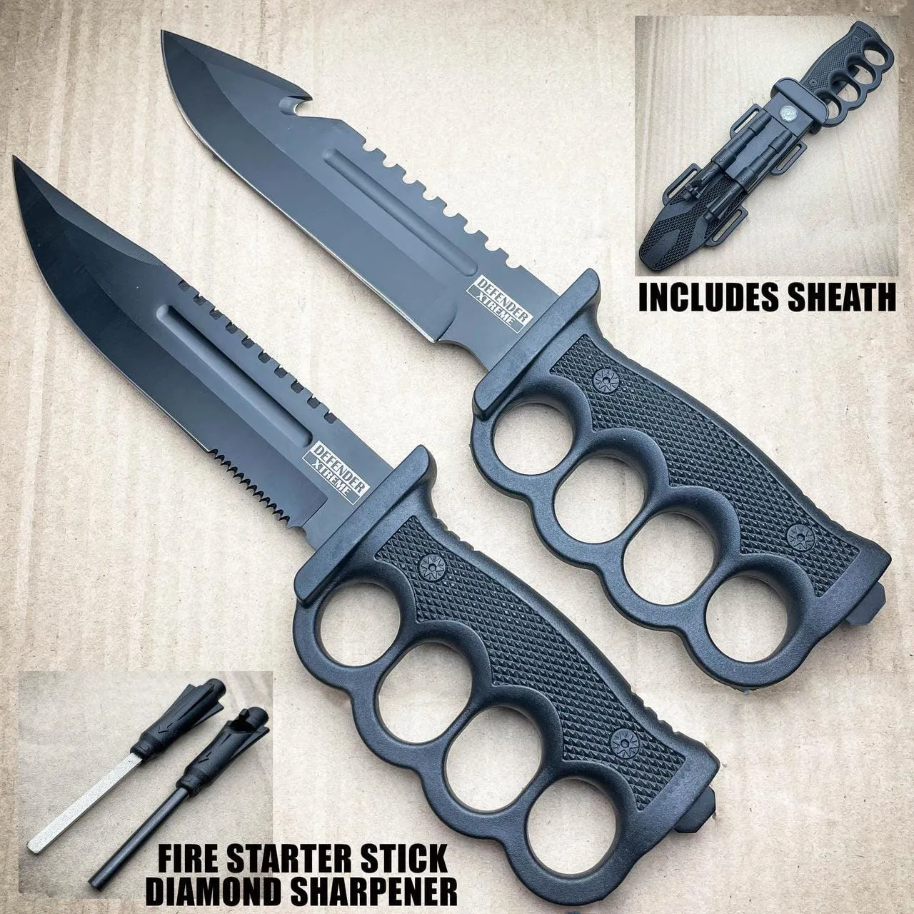 12.5" Survival Combat Trench Military Fixed Blade w/ Firestarter   Sharpener