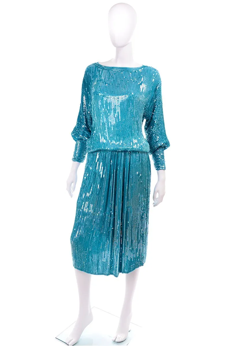 1980s Beaded Aqua Blue Silk 2 Pc Evening Dress w/ Sequins Medium