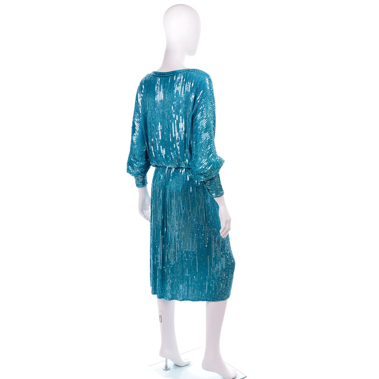 1980s Beaded Aqua Blue Silk 2 Pc Evening Dress w/ Sequins Medium