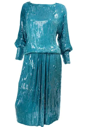 1980s Beaded Aqua Blue Silk 2 Pc Evening Dress w/ Sequins Medium