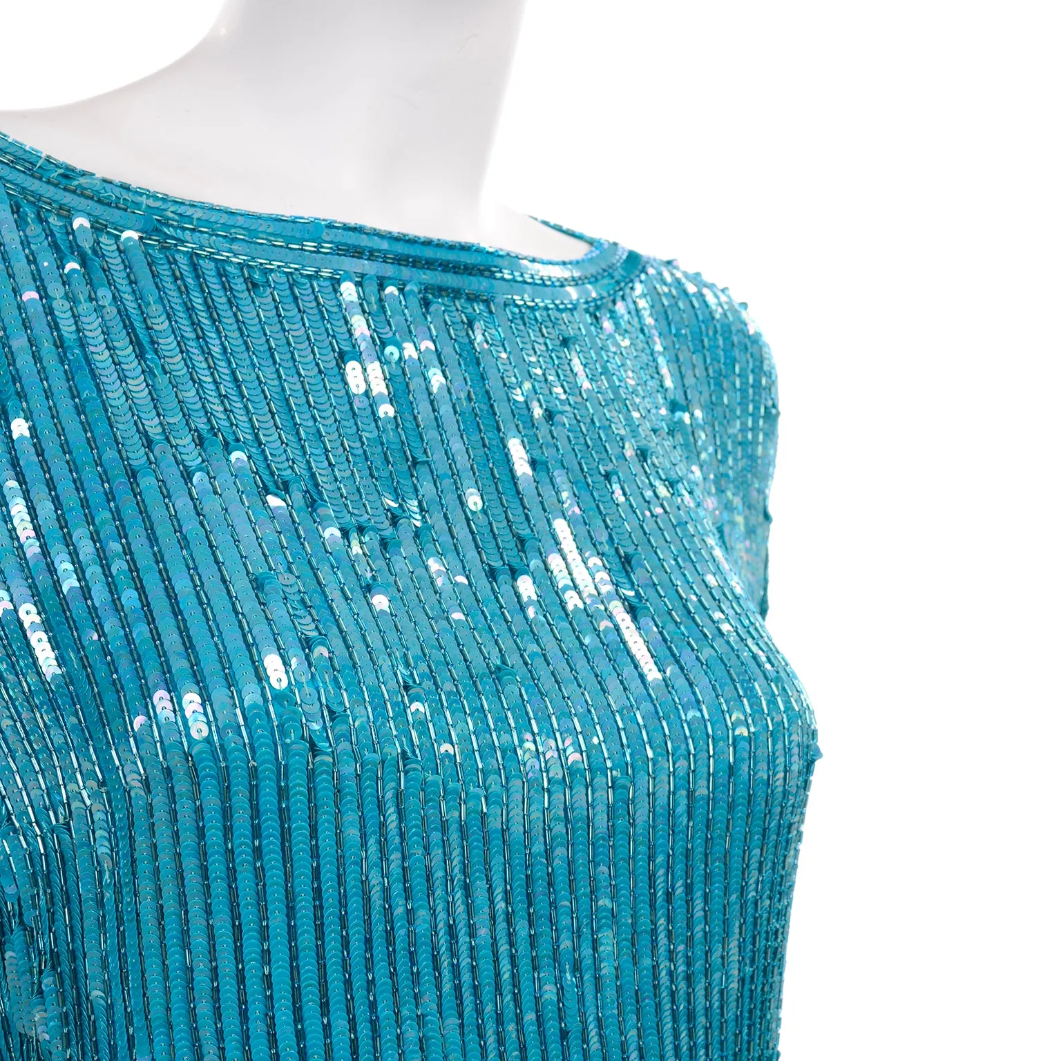 1980s Beaded Aqua Blue Silk 2 Pc Evening Dress w/ Sequins Medium