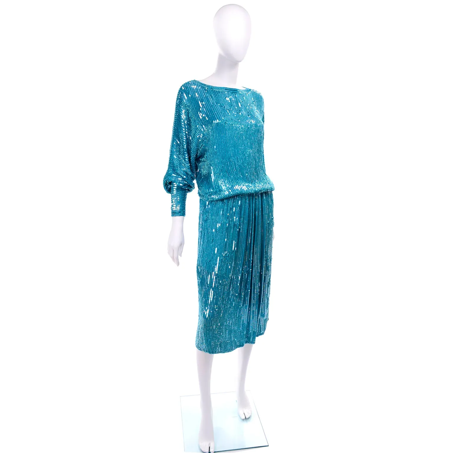 1980s Beaded Aqua Blue Silk 2 Pc Evening Dress w/ Sequins Medium