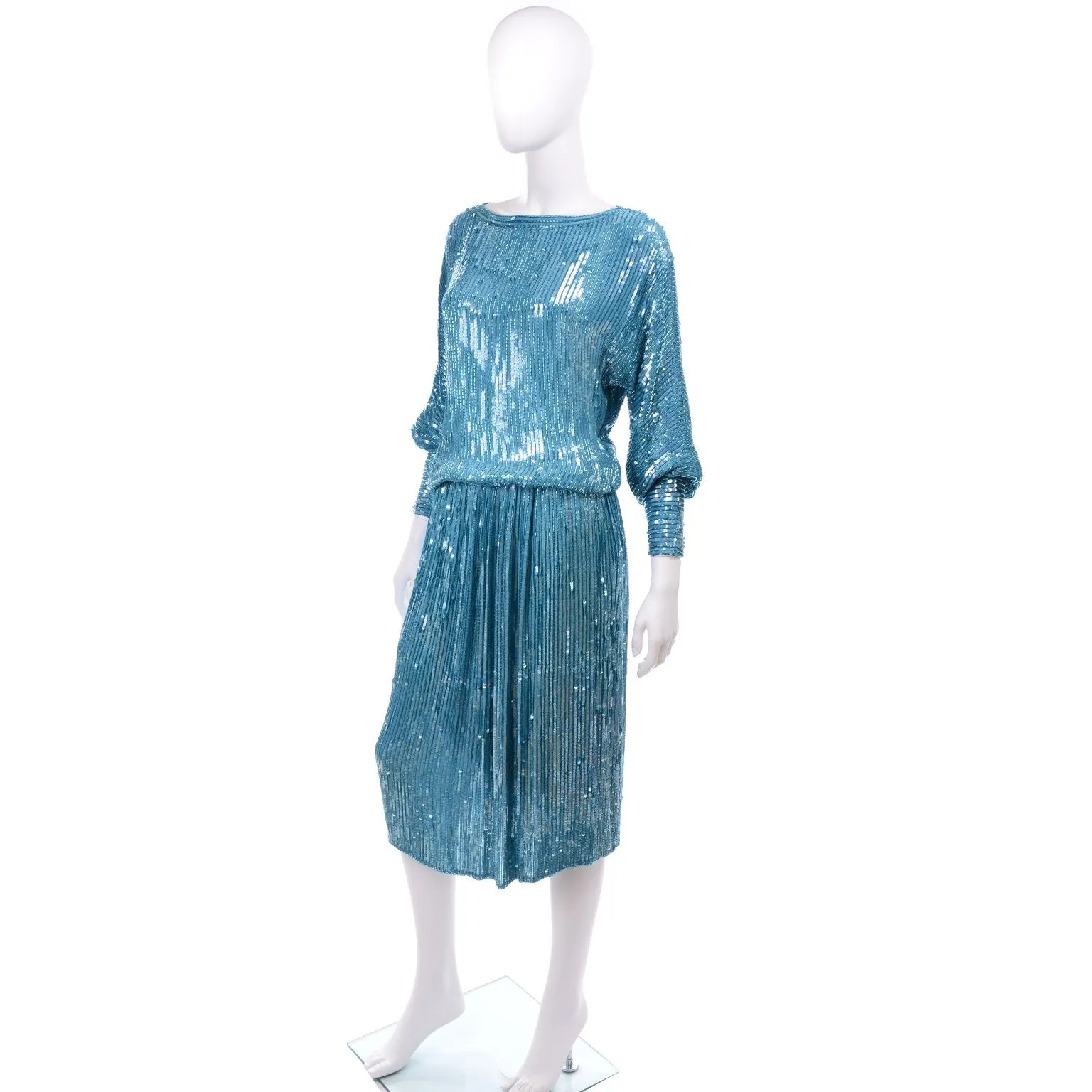 1980s Beaded Aqua Blue Silk 2 Pc Evening Dress w/ Sequins Medium