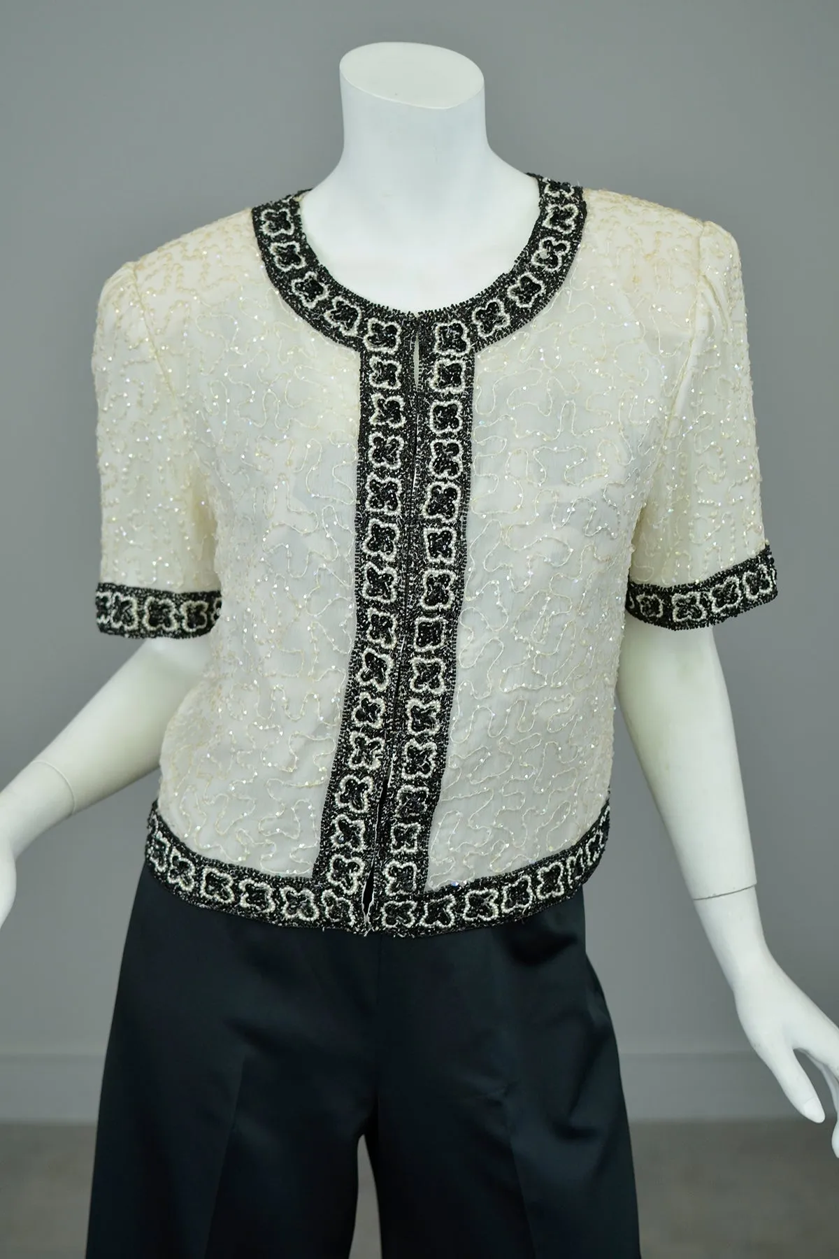 1980s Laurence Kazar White Black Beaded Jacket Top