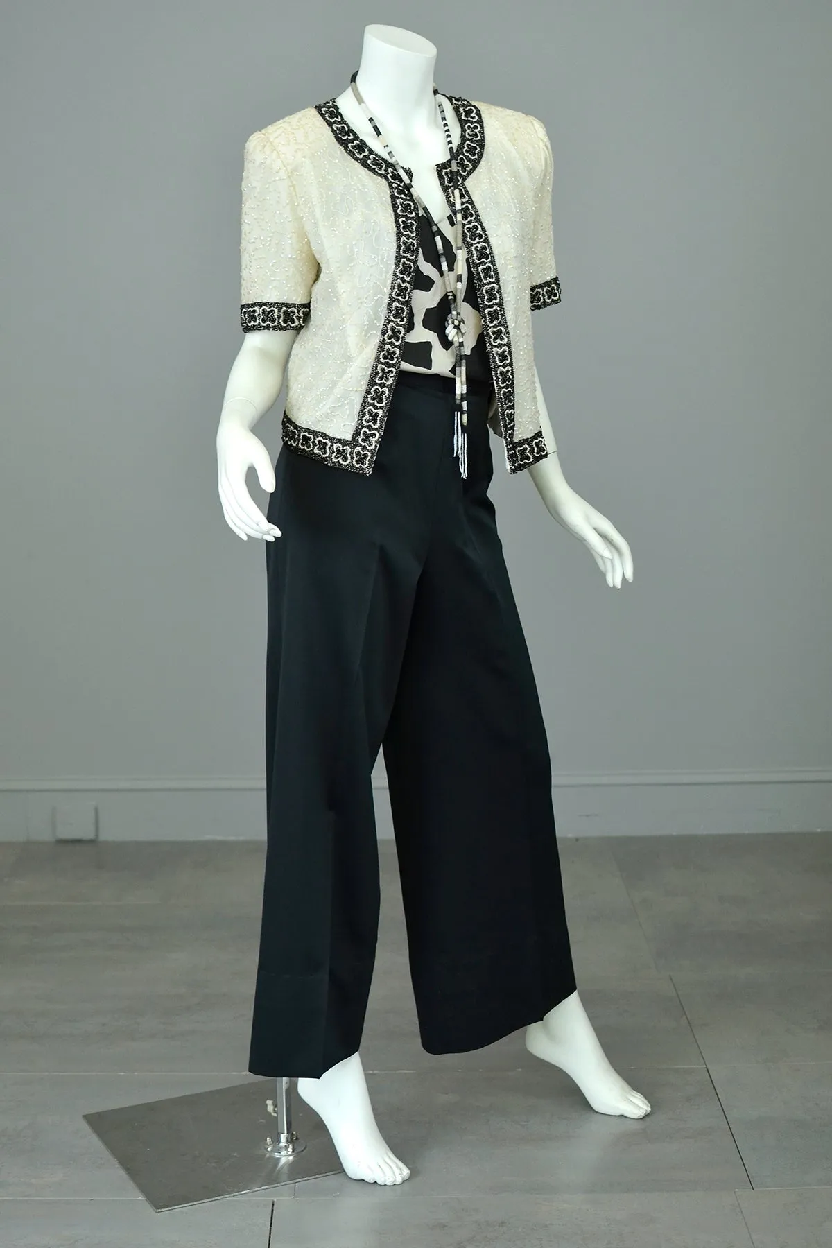 1980s Laurence Kazar White Black Beaded Jacket Top