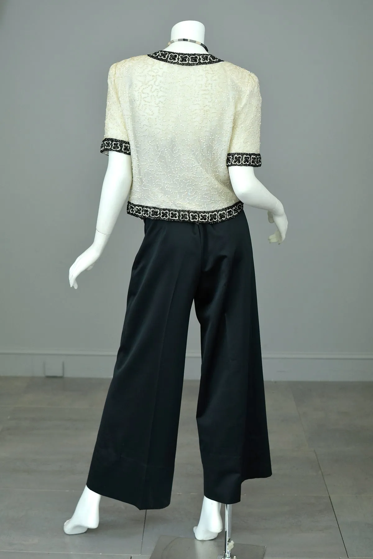 1980s Laurence Kazar White Black Beaded Jacket Top