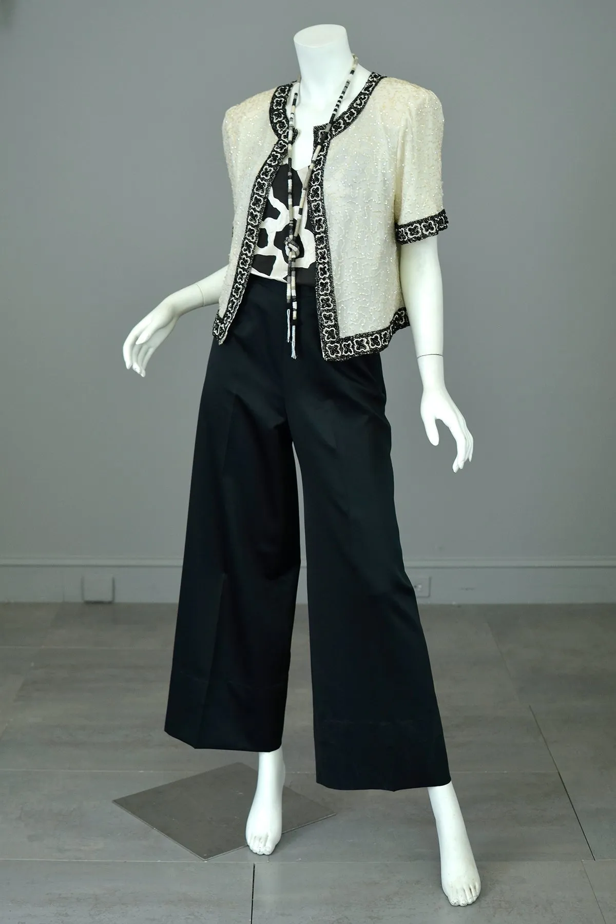 1980s Laurence Kazar White Black Beaded Jacket Top