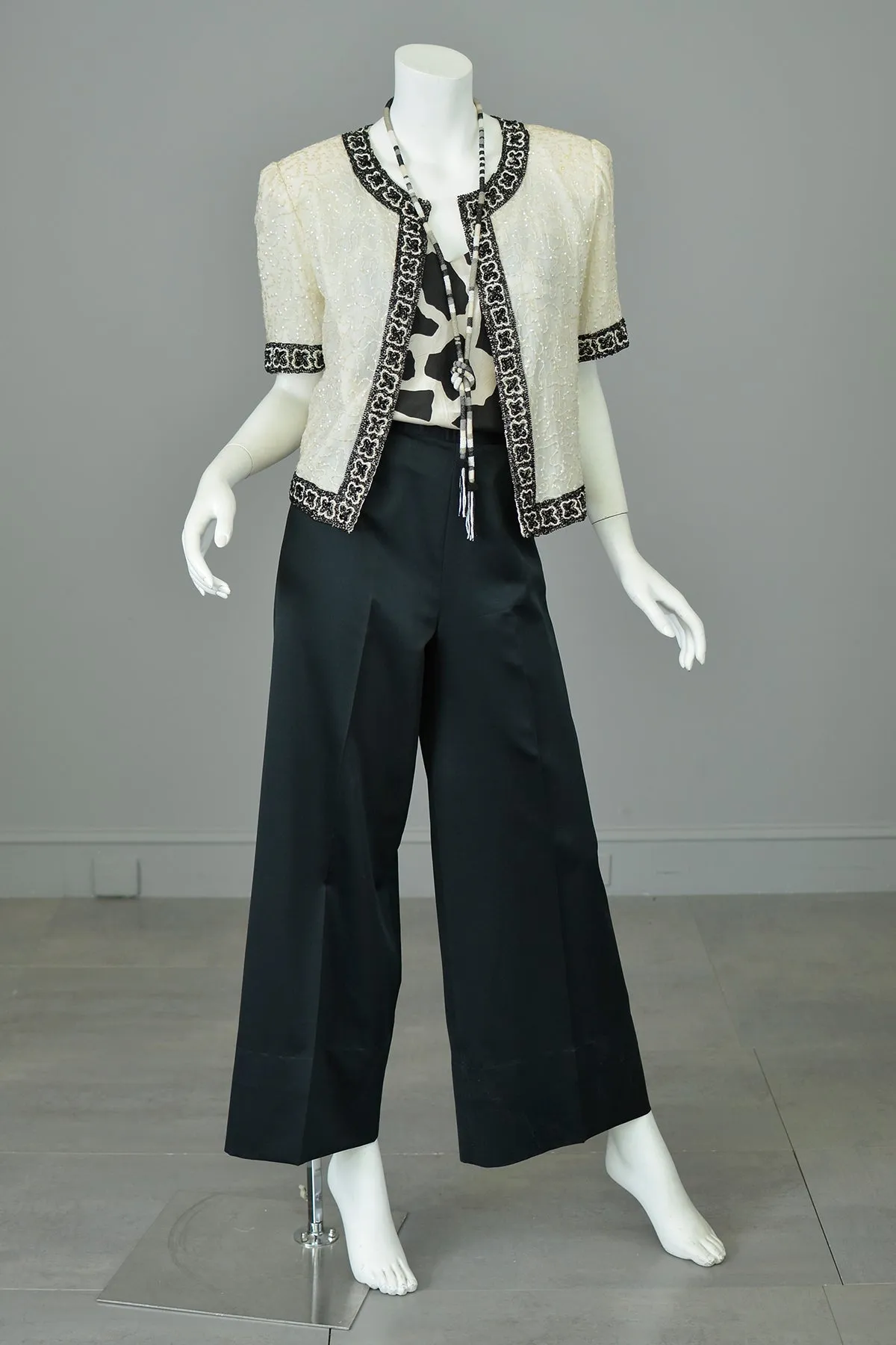 1980s Laurence Kazar White Black Beaded Jacket Top