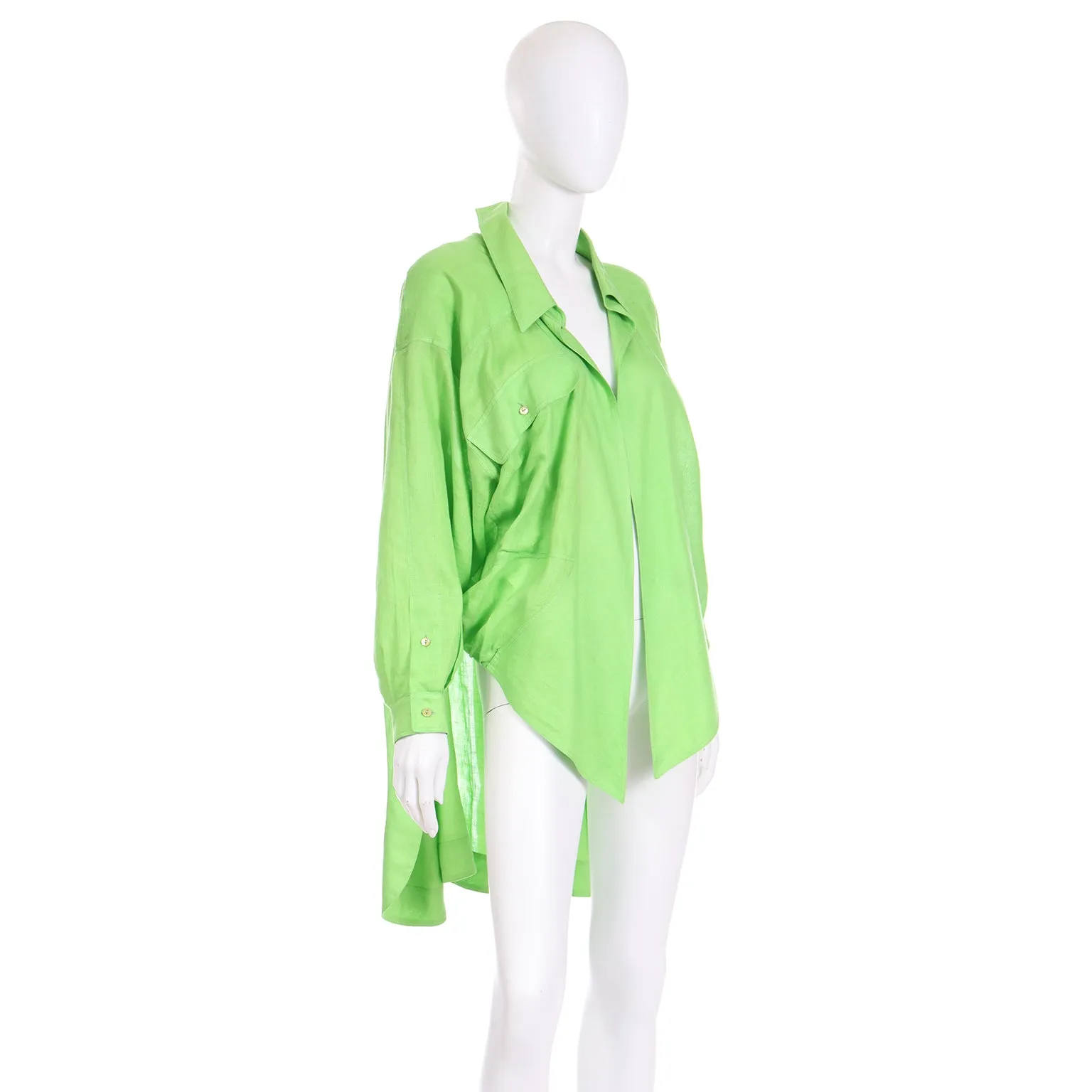 1985 Claude Montana Vintage Lime Green Linen Open Front Runway Blouse