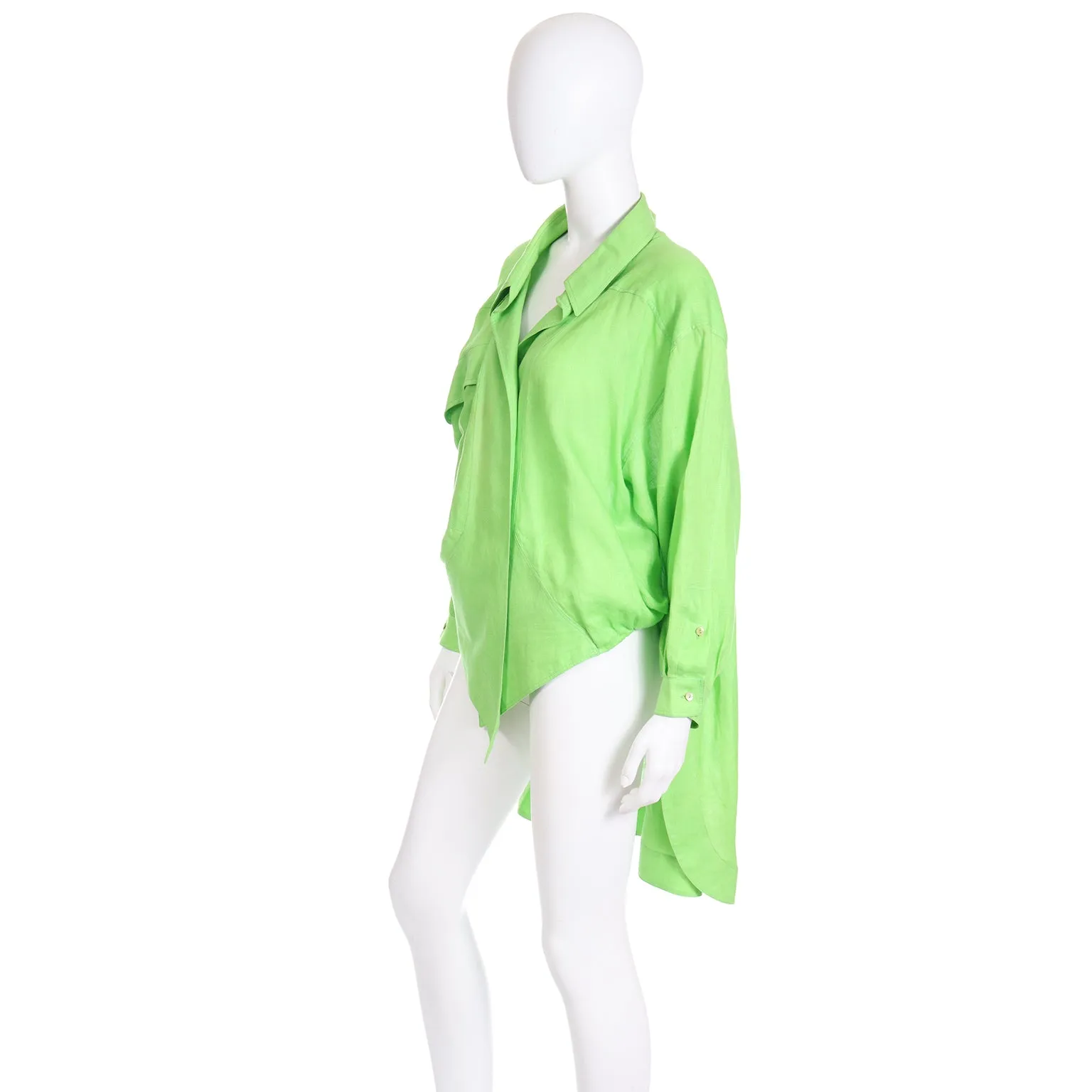 1985 Claude Montana Vintage Lime Green Linen Open Front Runway Blouse