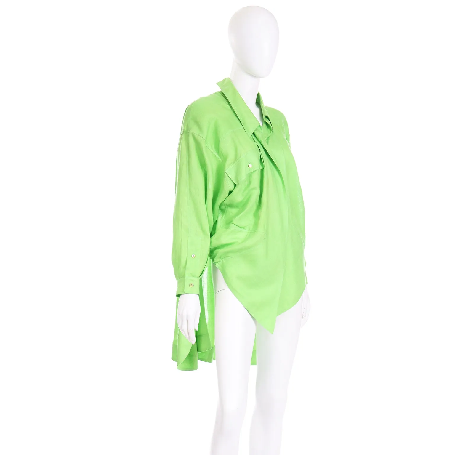 1985 Claude Montana Vintage Lime Green Linen Open Front Runway Blouse