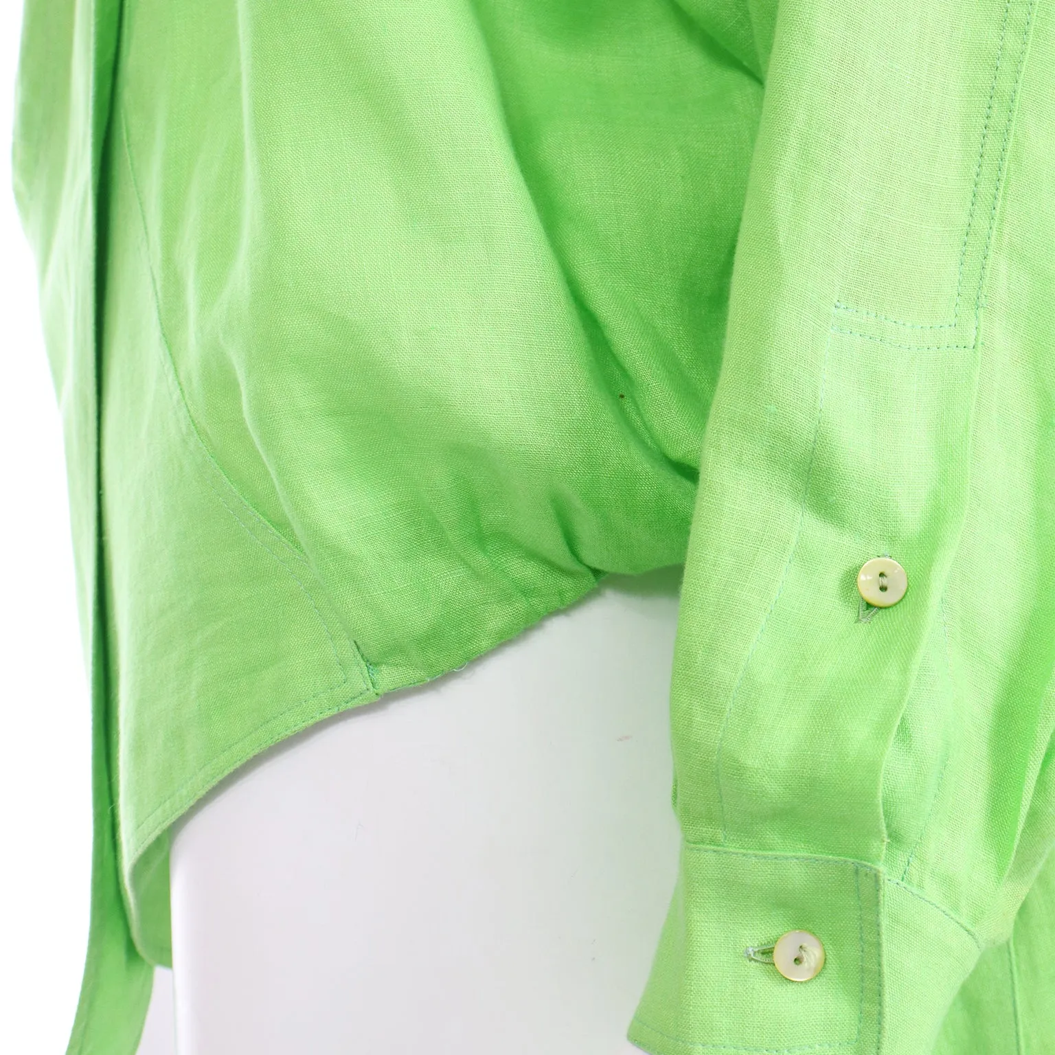 1985 Claude Montana Vintage Lime Green Linen Open Front Runway Blouse