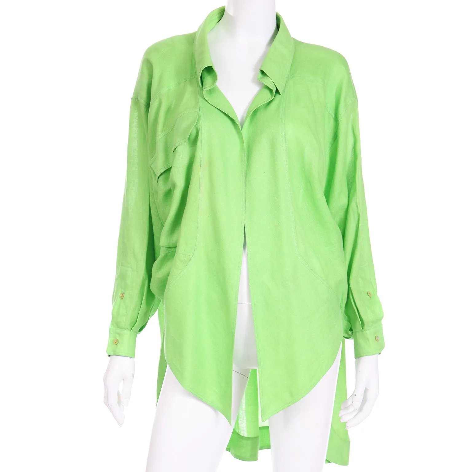 1985 Claude Montana Vintage Lime Green Linen Open Front Runway Blouse