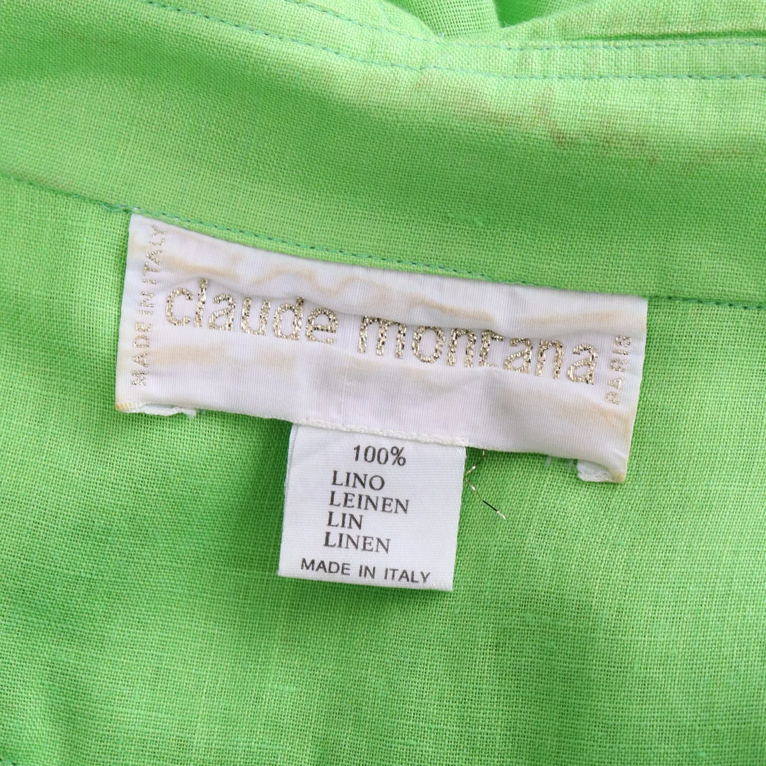 1985 Claude Montana Vintage Lime Green Linen Open Front Runway Blouse