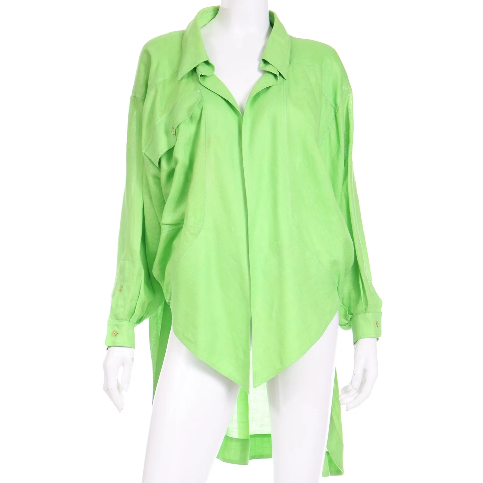 1985 Claude Montana Vintage Lime Green Linen Open Front Runway Blouse