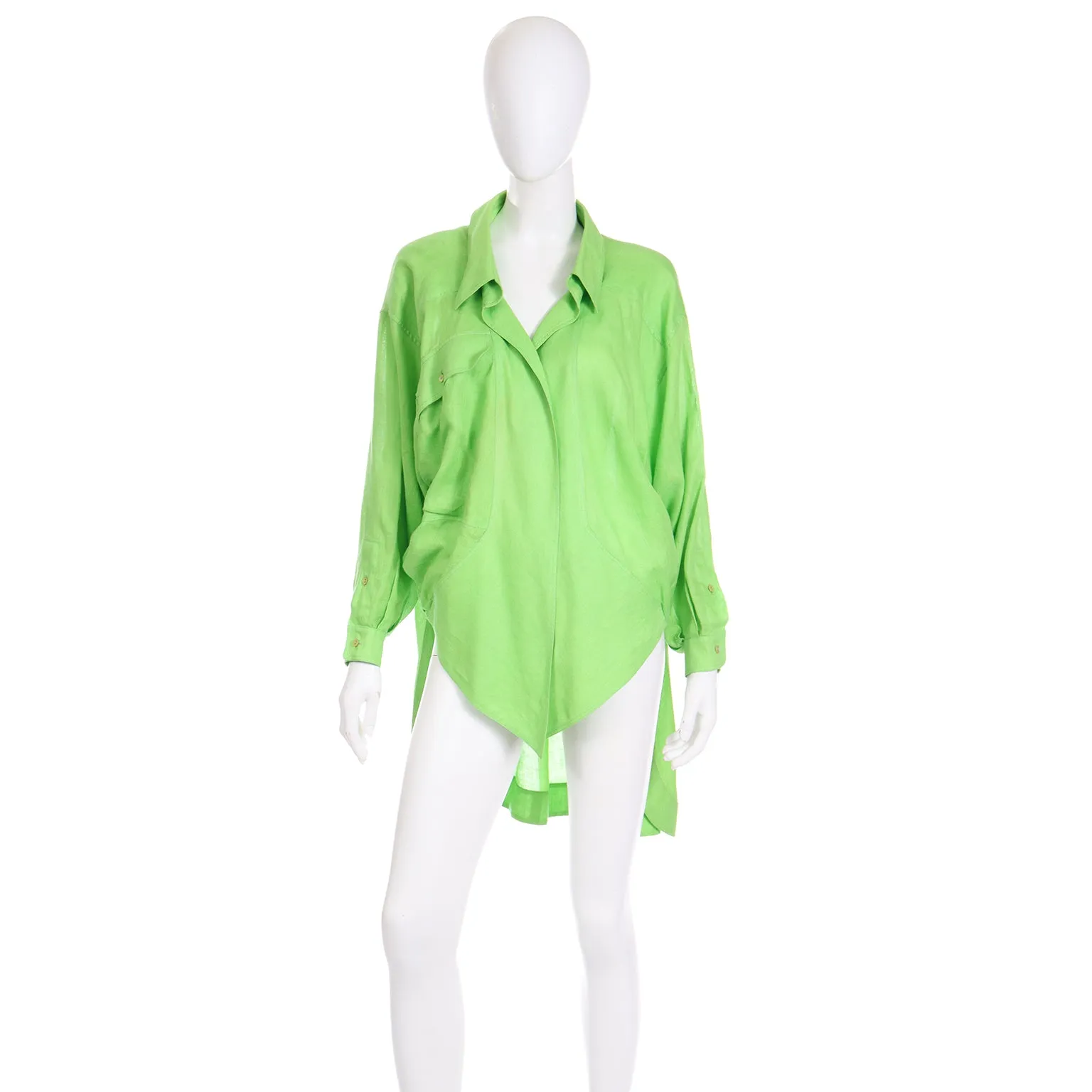 1985 Claude Montana Vintage Lime Green Linen Open Front Runway Blouse