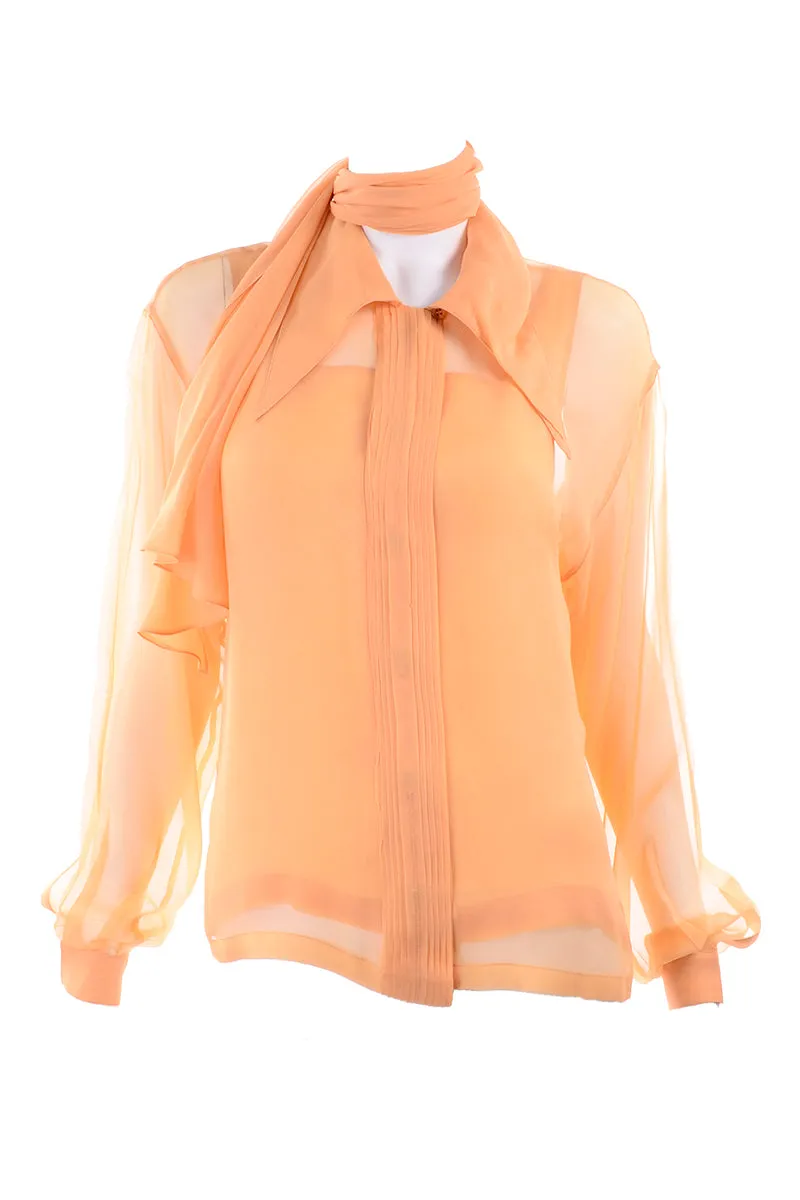 1990 Vintage Claude Montana Sheer Blouse W/ Scarf & Camisole in Peach Silk