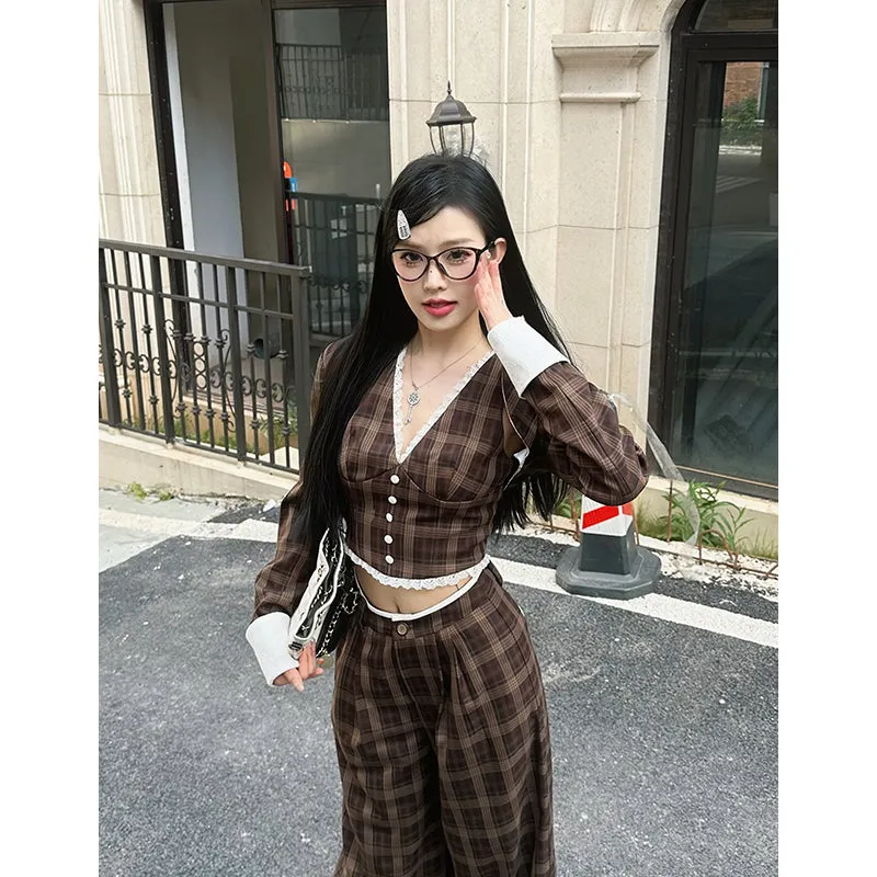 【24s Sep.】Retro Plaid Vest Waistcoat Casual Wide Leg Pants Set