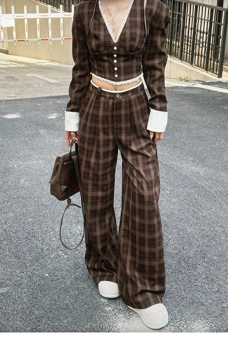 【24s Sep.】Retro Plaid Vest Waistcoat Casual Wide Leg Pants Set