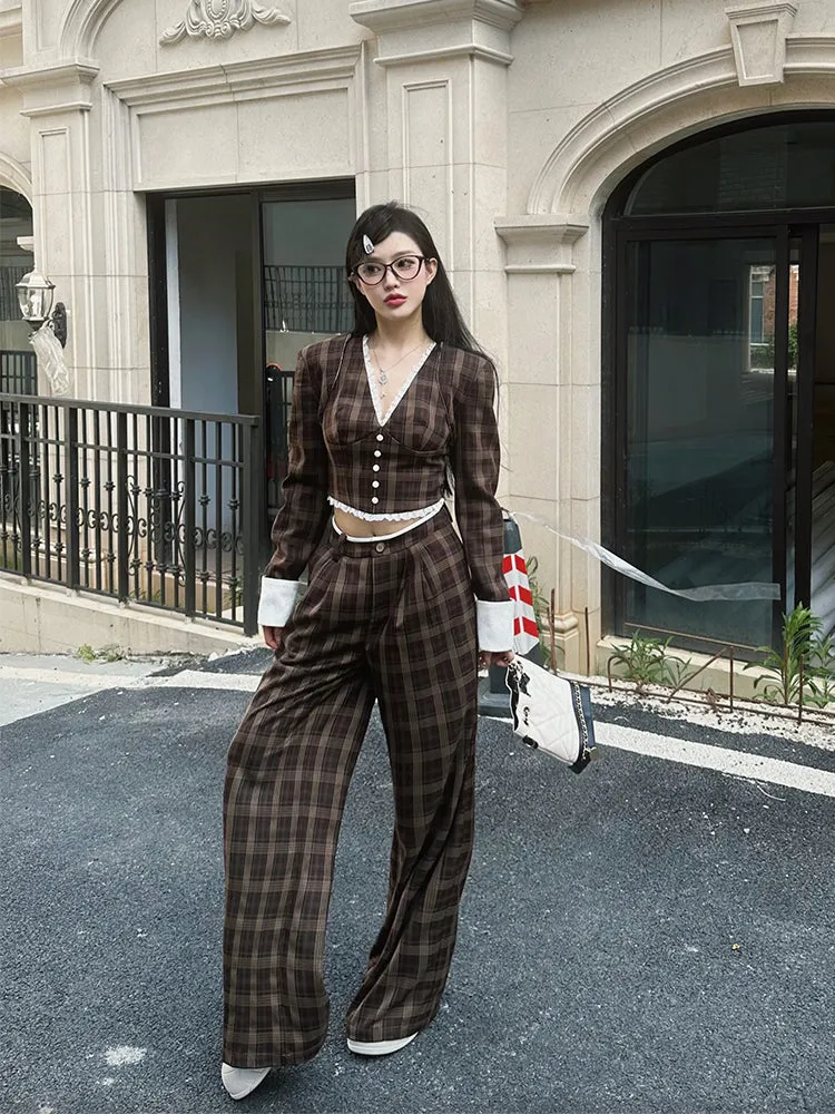 【24s Sep.】Retro Plaid Vest Waistcoat Casual Wide Leg Pants Set