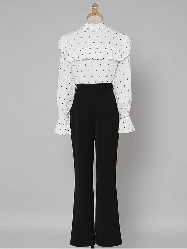 2PS White V Neck Ruffles Long Sleeve Top With High Waist Wide Leg Pants Suit