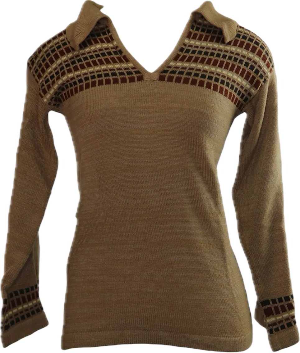 70s V-Neck Brwns Bell Sleeve Sweater         S