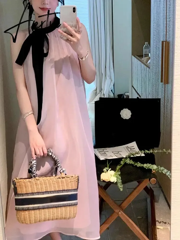 Aiertu French Pink Sleeveless Bow Neck Sleeveless Strap Dress for Women Even Party Korean Y2k Mini Dress Office Lady Summer Elegant