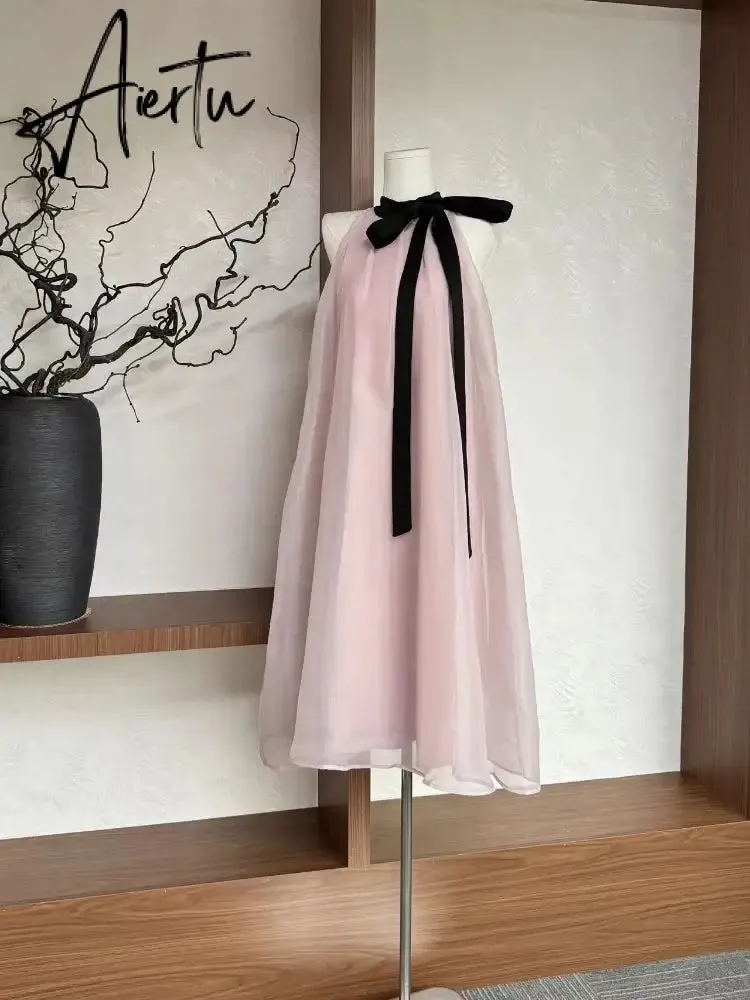 Aiertu French Pink Sleeveless Bow Neck Sleeveless Strap Dress for Women Even Party Korean Y2k Mini Dress Office Lady Summer Elegant