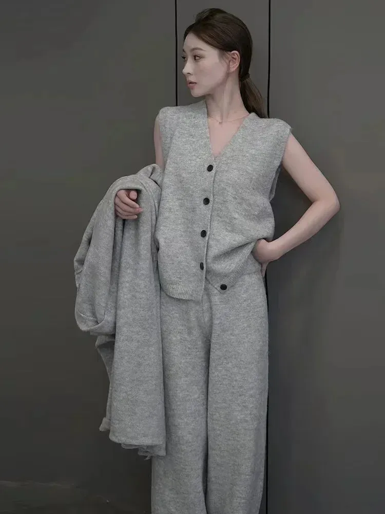 Aiertu New Autumn Winter Women Knitted Three Piece Set Cardigan Sweater   Single Breasted Vest Tops And Wide Leg Pants Fashion Elegant