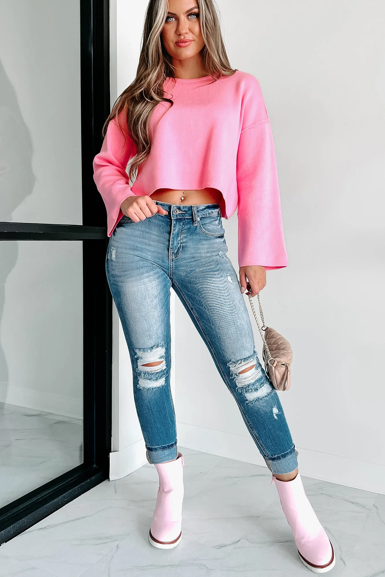 Always Calm Wide Sleeve Crop Sweater (Pink)