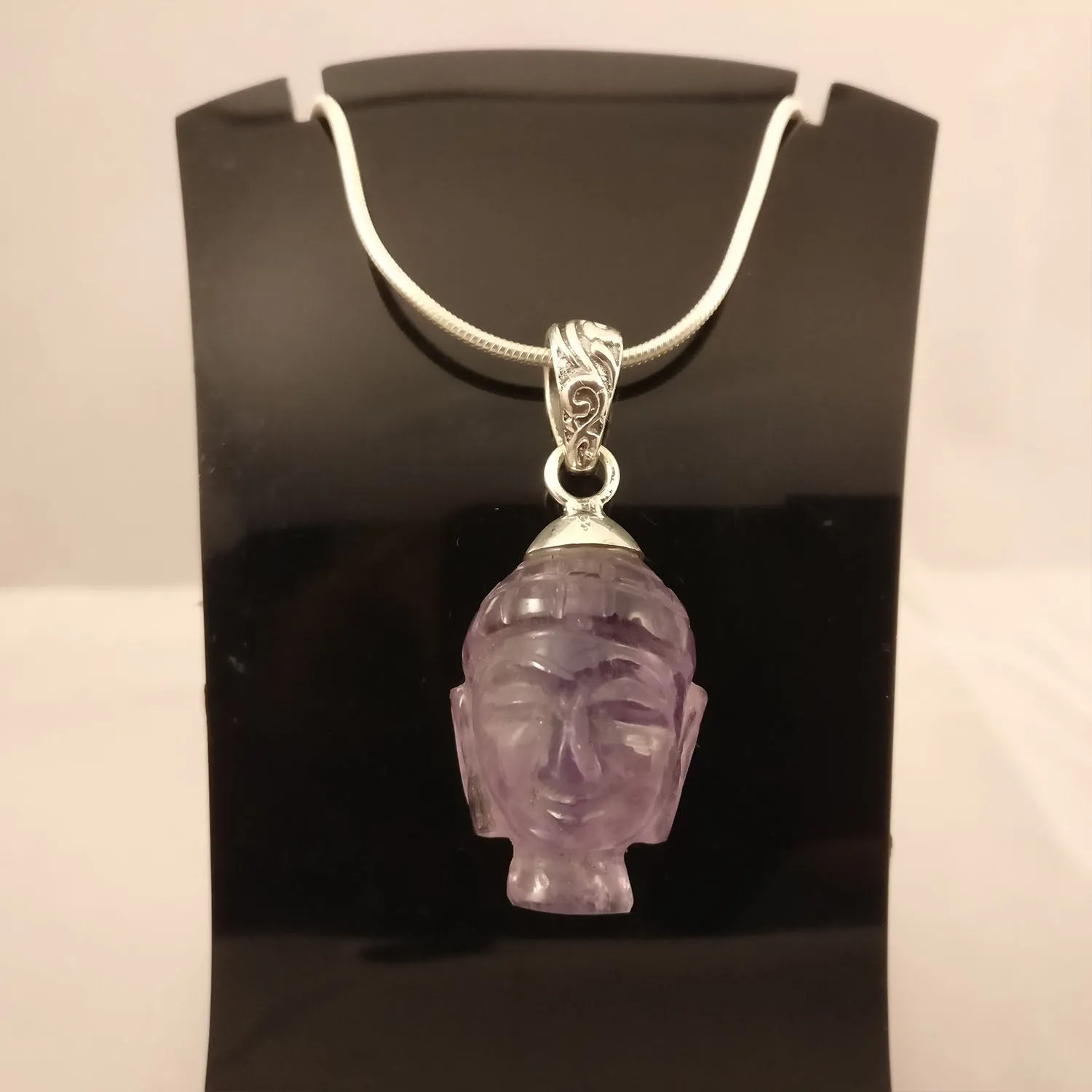 Amethyst Gemstone Buddha's Head Pendant (925) Sterling Silver