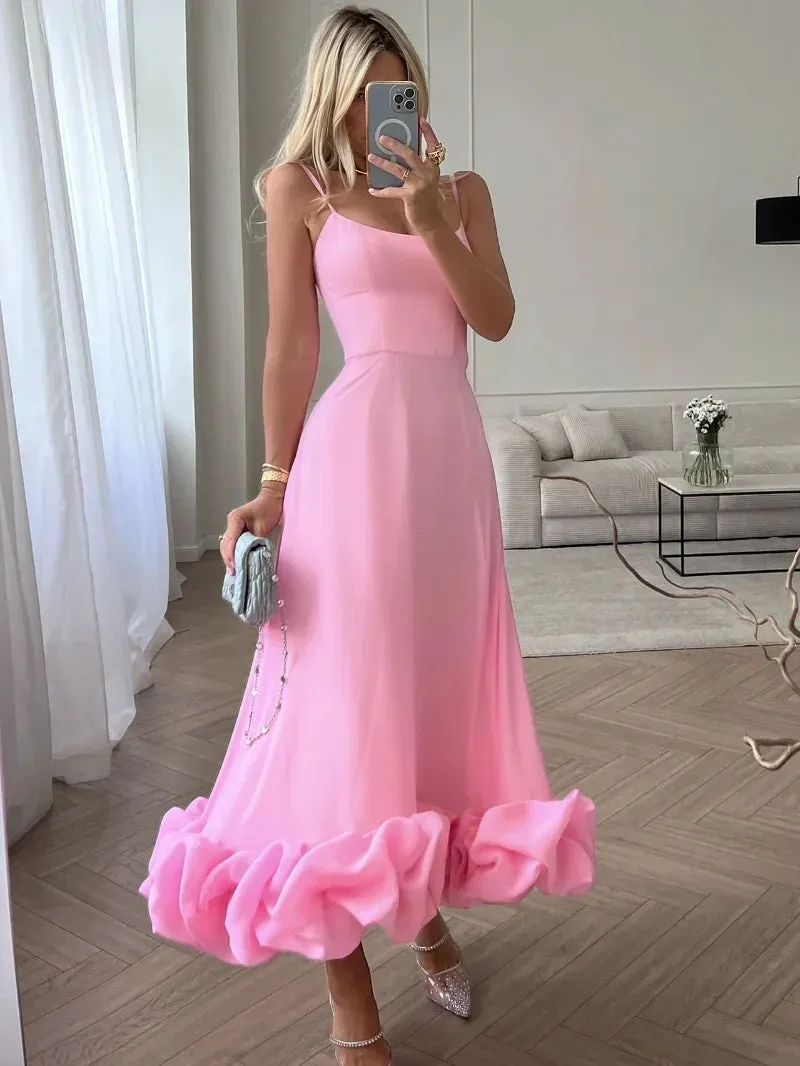 Amozae-2024 Women Spaghetti Strap A-line Ruffles Pink Evening Dresses Elegant Sweet Sleeveless Backless Zip-up Green Party Prom Dress