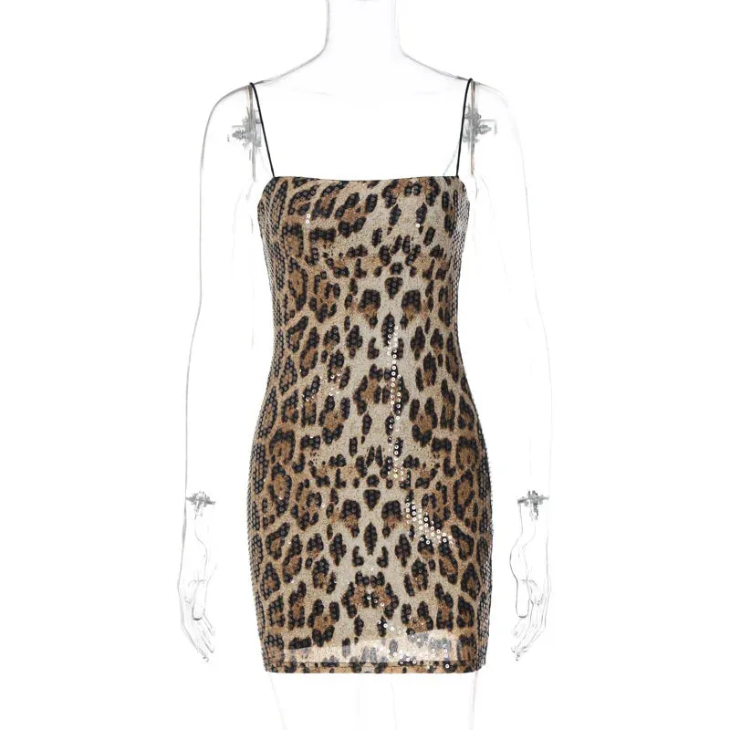 Amozae-hoco dresses Amozae Spaghetti Strap Leopard Print Mini Dress For Women New Fashion Sleeveless Backless Skinny Night Club Party Sexy Dress