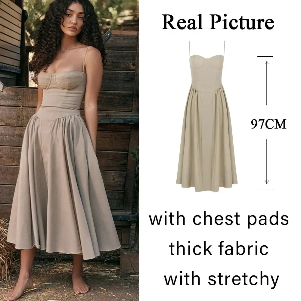 Amozae Summer Elegant Midi Spaghetti Strap Dresses Slim V Neck A Line Party Dress Khaki Casual Dress Women's Clothing