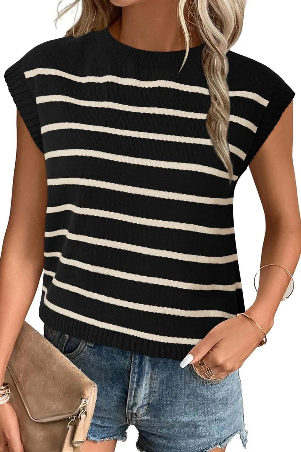 Arach&Cloz Womens Summer Tops 2024 Business Casual Outfits Work Dressy Blouse Cute Fashion Cap Short Sleeve Crew Neck Striped Knit Sleeveless Fall Sweater Vest Black