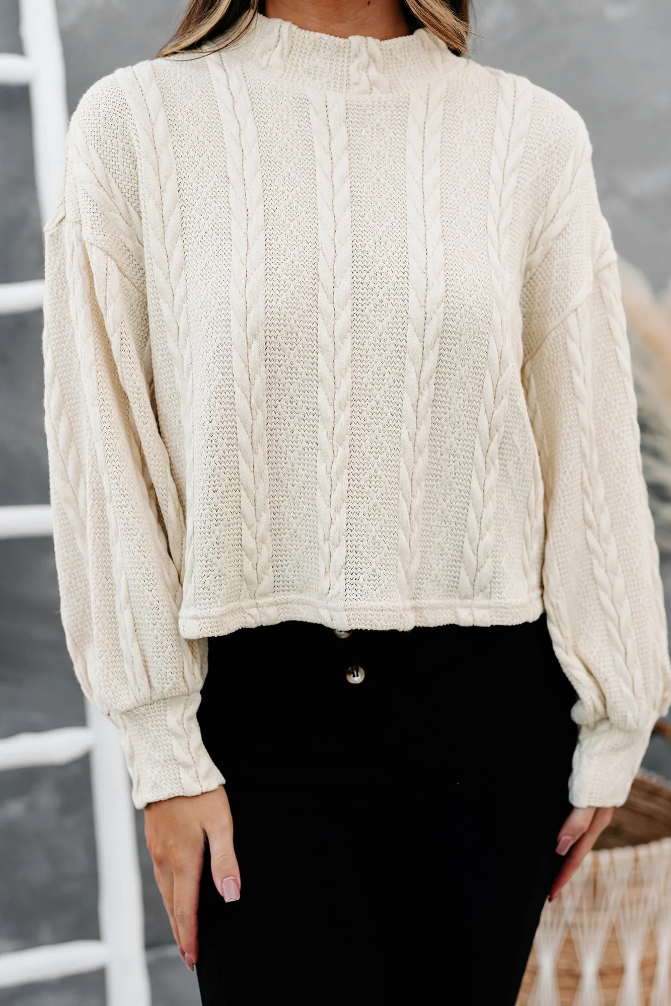 Autumn Affair Textured Mock Neck Top (Cream)