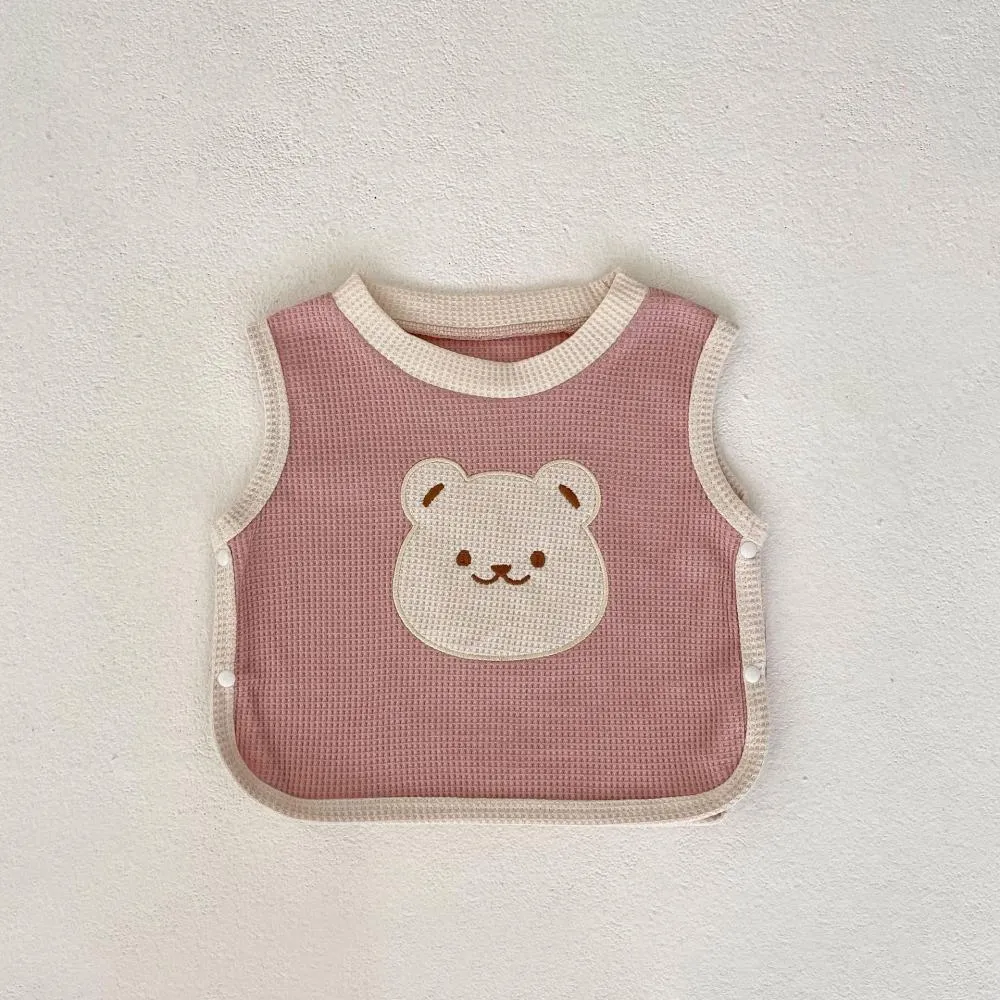 Autumn Baby Bear Head Embroidered Vest and Solid Bottom Shirt and Pit Striped Bottom Pants Cheap Baby Clothes Wholesale