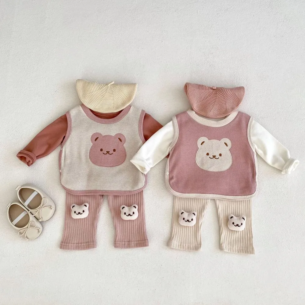 Autumn Baby Bear Head Embroidered Vest and Solid Bottom Shirt and Pit Striped Bottom Pants Cheap Baby Clothes Wholesale