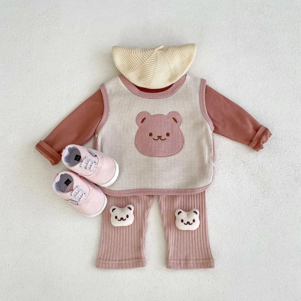 Autumn Baby Bear Head Embroidered Vest and Solid Bottom Shirt and Pit Striped Bottom Pants Cheap Baby Clothes Wholesale