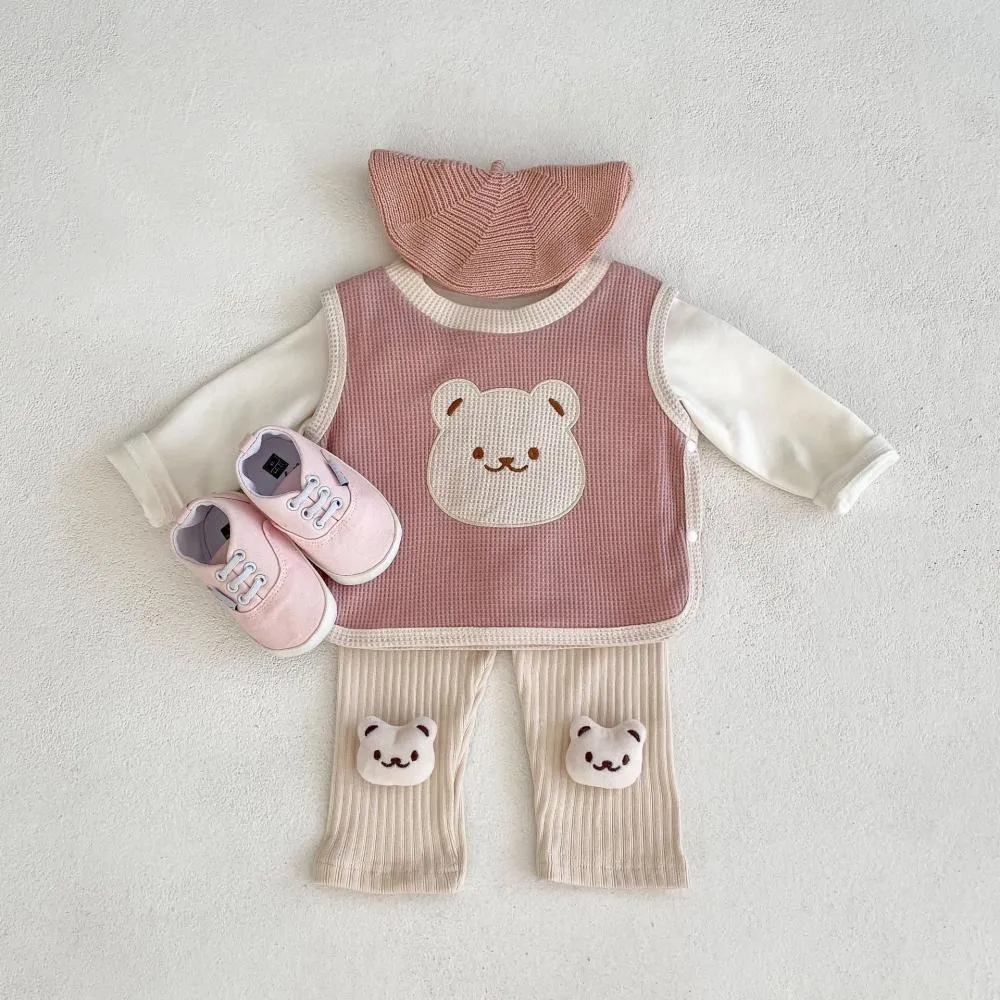 Autumn Baby Bear Head Embroidered Vest and Solid Bottom Shirt and Pit Striped Bottom Pants Cheap Baby Clothes Wholesale