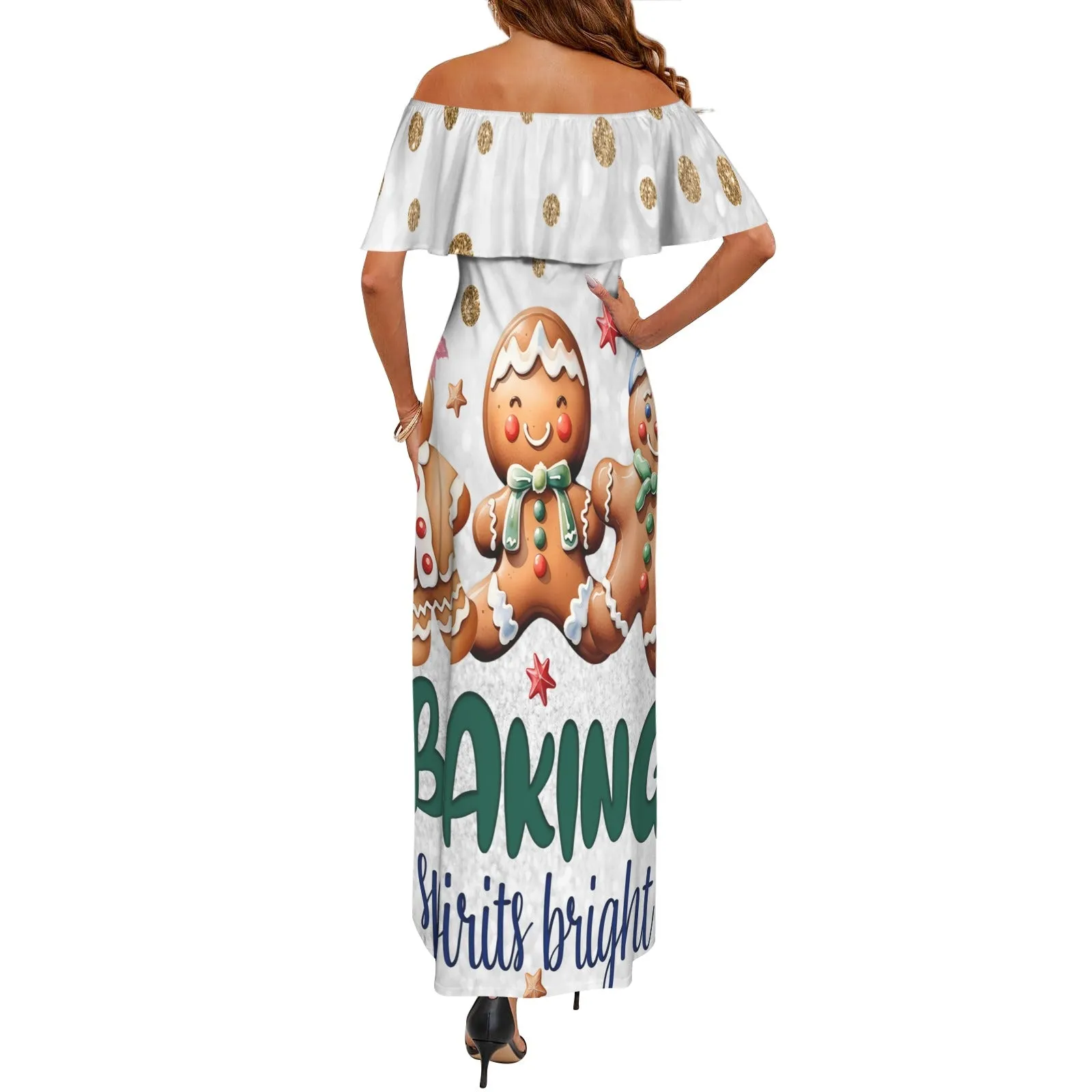 Baking Spirits Bright Gingerbread man awd315 Women's Off Shoulder Ruffle Boat Neck Dress (Model D71)