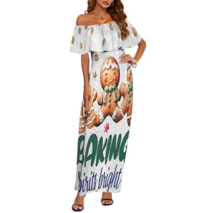 Baking Spirits Bright Gingerbread man awd315 Women's Off Shoulder Ruffle Boat Neck Dress (Model D71)