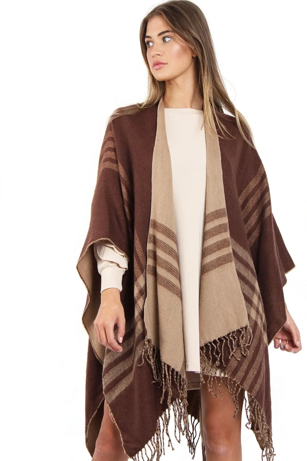 Beige And Brown Check Reversible Tassel Trim Blanket Cape