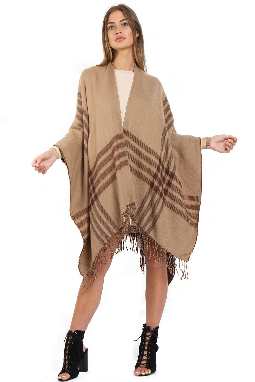 Beige And Brown Check Reversible Tassel Trim Blanket Cape