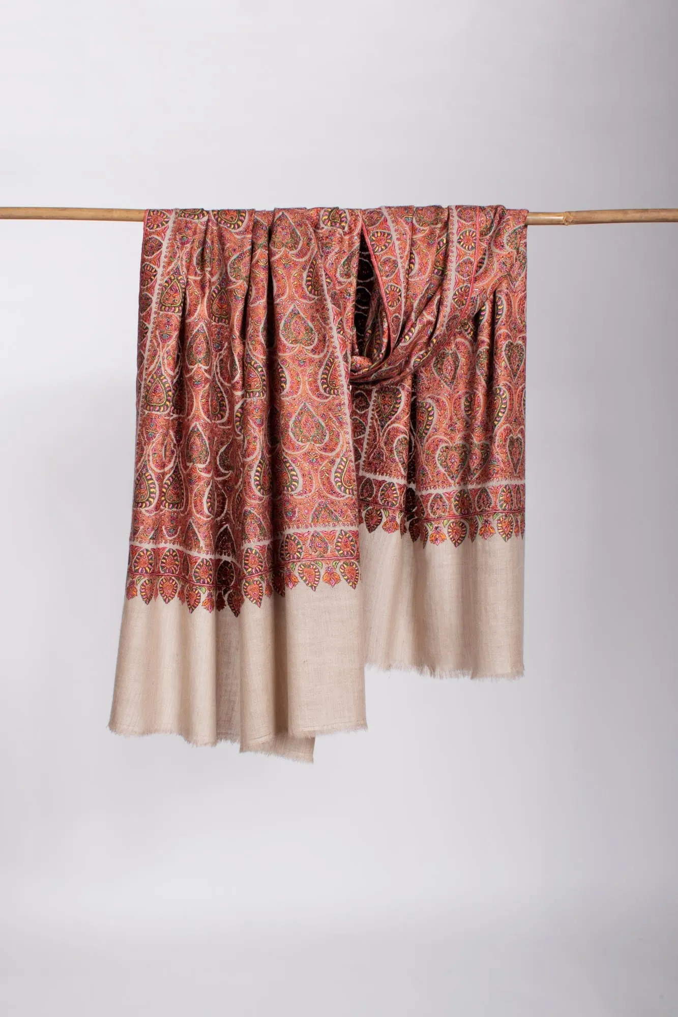 Beige Floral Spades Full Jamavar Shawl - NANTWICH