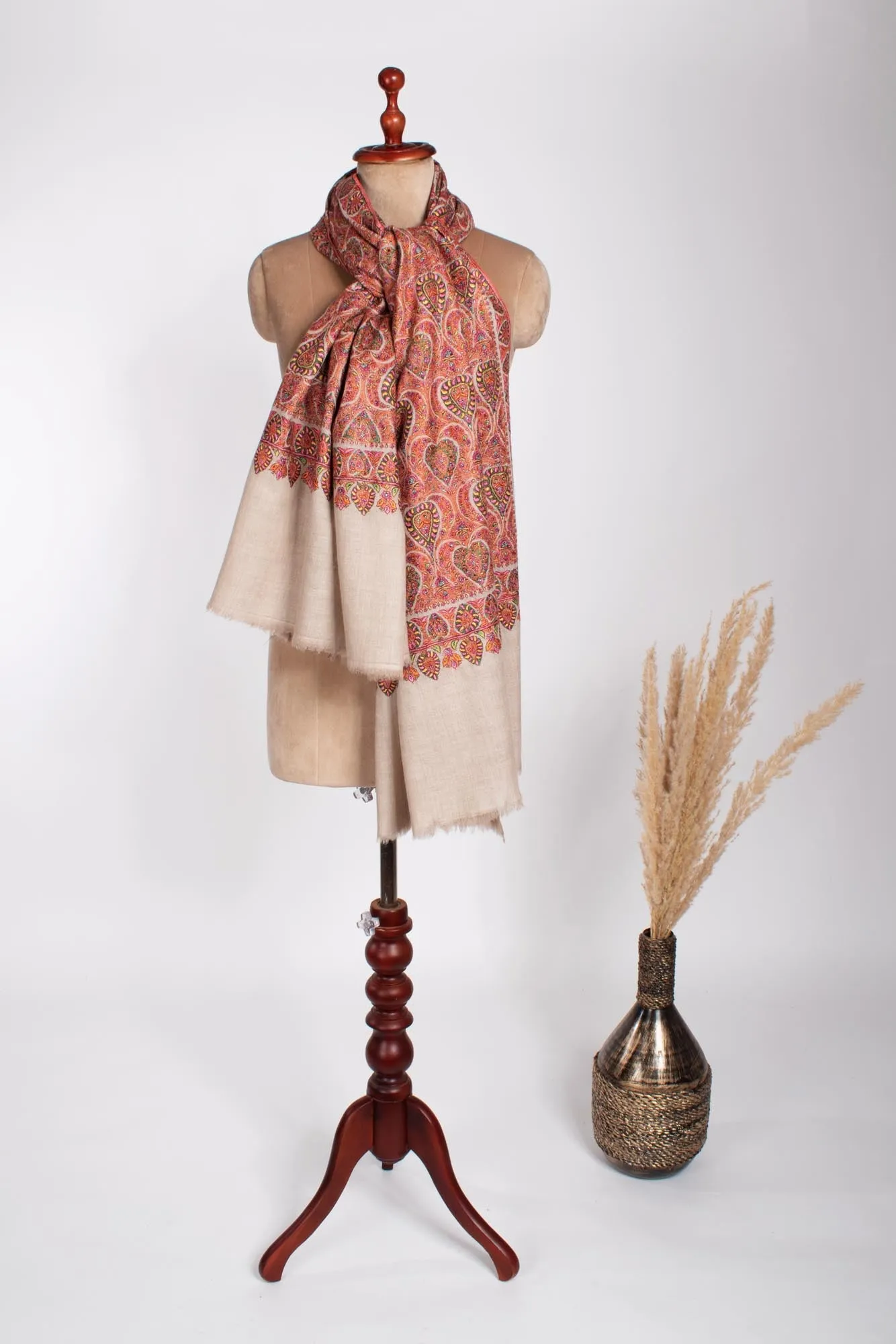 Beige Floral Spades Full Jamavar Shawl - NANTWICH