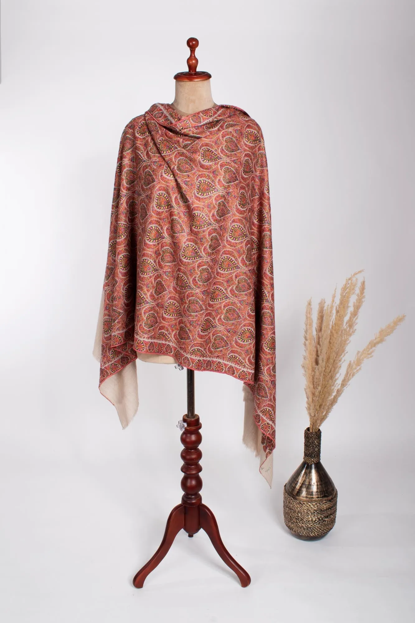 Beige Floral Spades Full Jamavar Shawl - NANTWICH