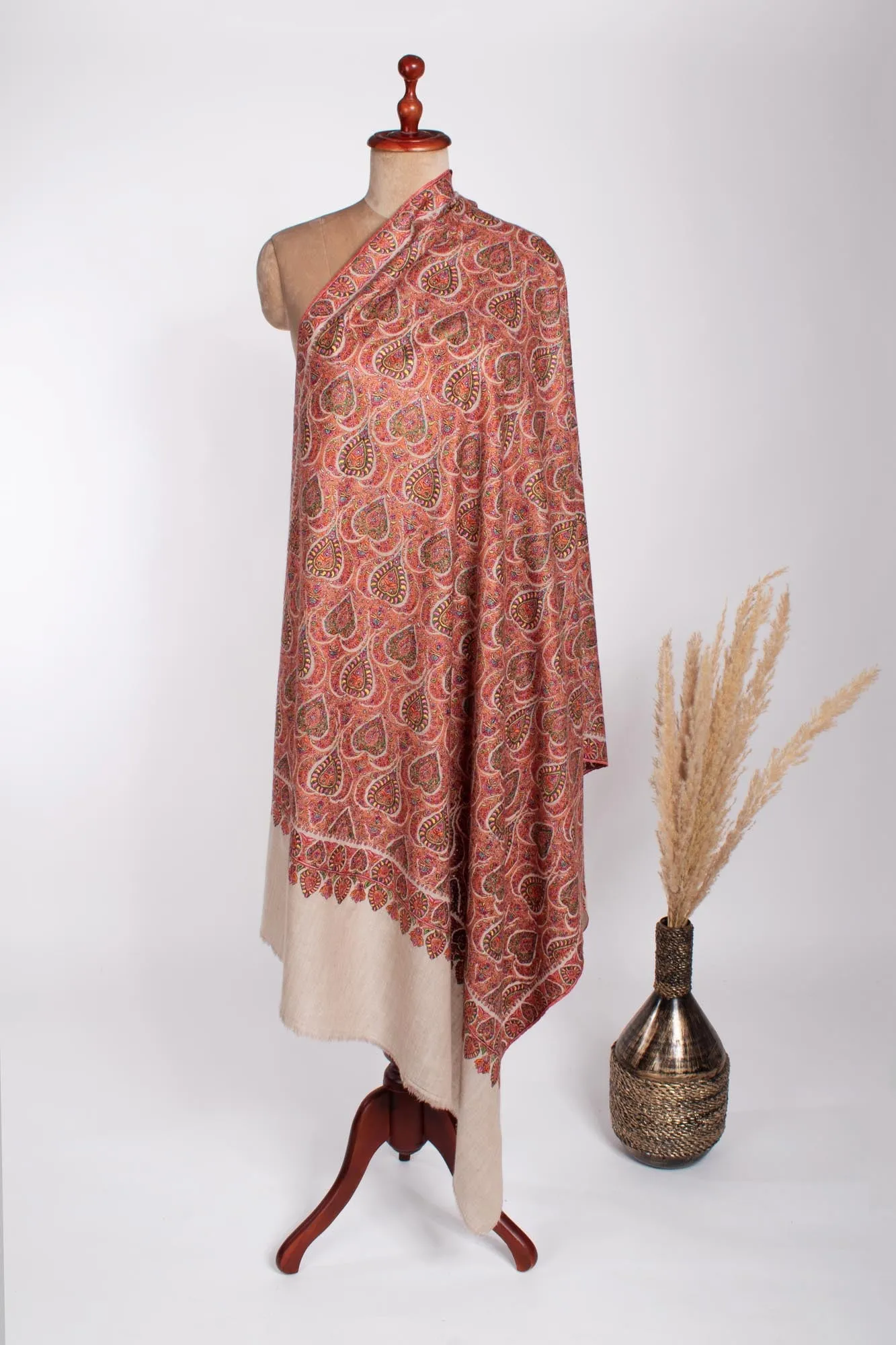 Beige Floral Spades Full Jamavar Shawl - NANTWICH