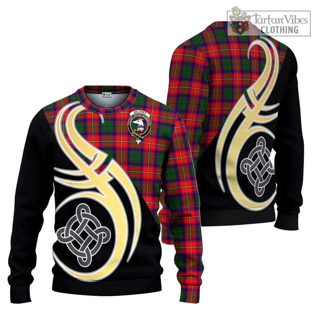 Belshes Tartan Ugly Sweater with Family Crest and Celtic Symbol Style