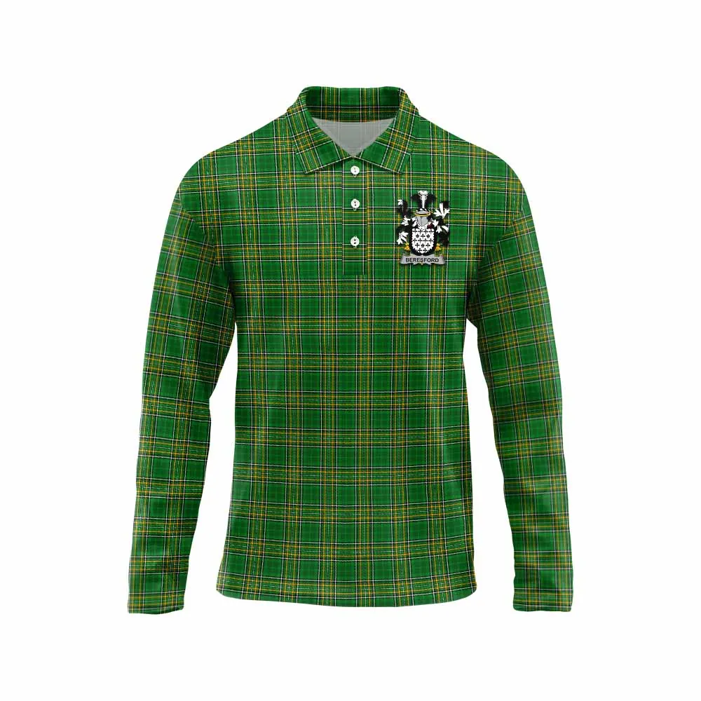 Beresford Irish Clan Tartan Long Sleeve Polo Shirt with Coat of Arms